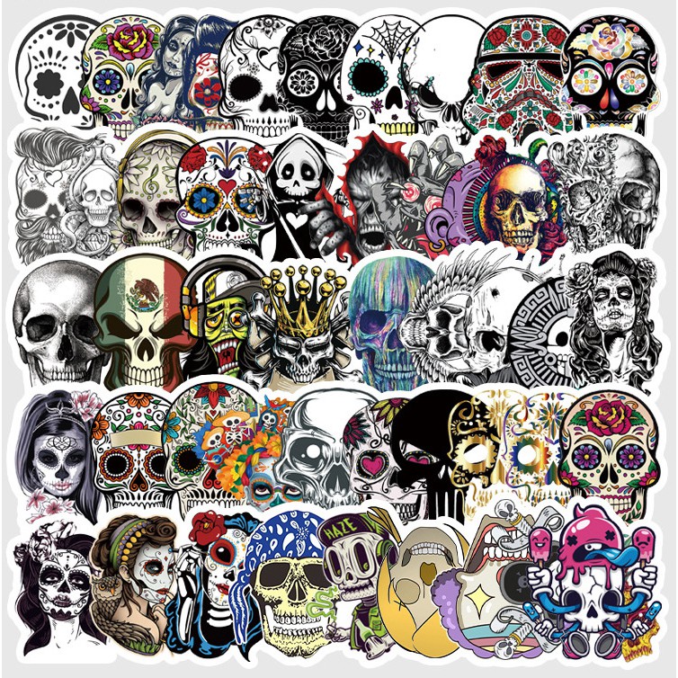 [Set 50 Cái] Sticker phong cách Old Skull, đầu lâu dán trang trí laptop, mũ nón bảo hiểm, vali, ván trượt - DB.016