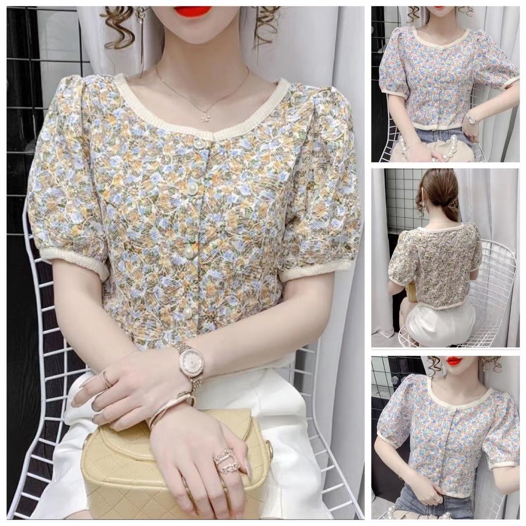 Áo Kiểu chiffon Tay Ngắn Phồng Form Rộng Họa Tiết Hoa Thời Trang Mùa Hè