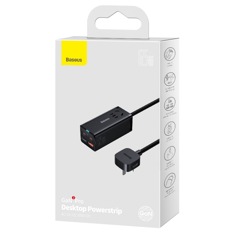Bộ sạc nhanh tích hợp dây nguồn nối dài Baseus GaN3 Pro Desktop Powerstrip 65W/100W (USB*2, Type C*2, AC 100V-240V)