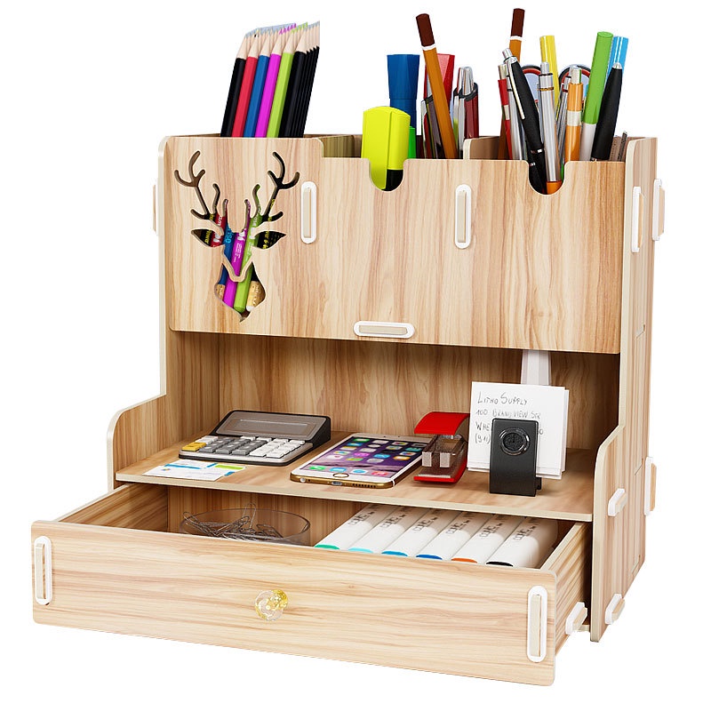 Hộp đựng bút để bàn, kệ đựng văn phòng phẩm có ngăn kéo tiện lợi