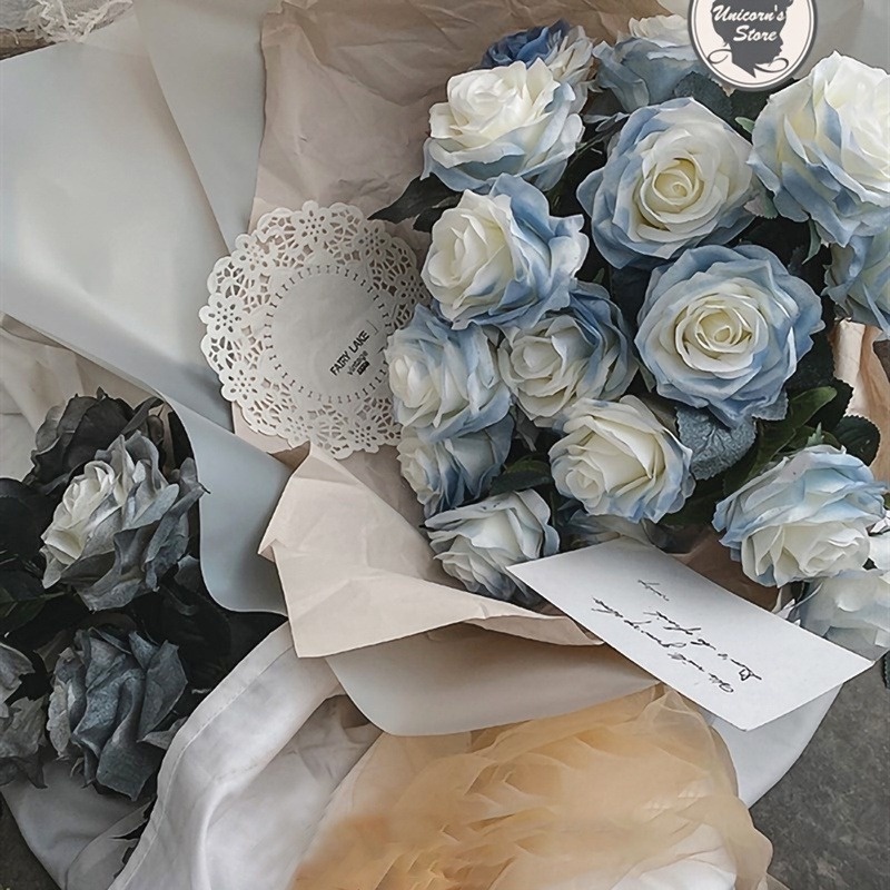 1 Một Hoa Hồng Giả Màu Xanh Dương Băng Lụa Trang Trí Nội Thất Đa Ứng Dụng