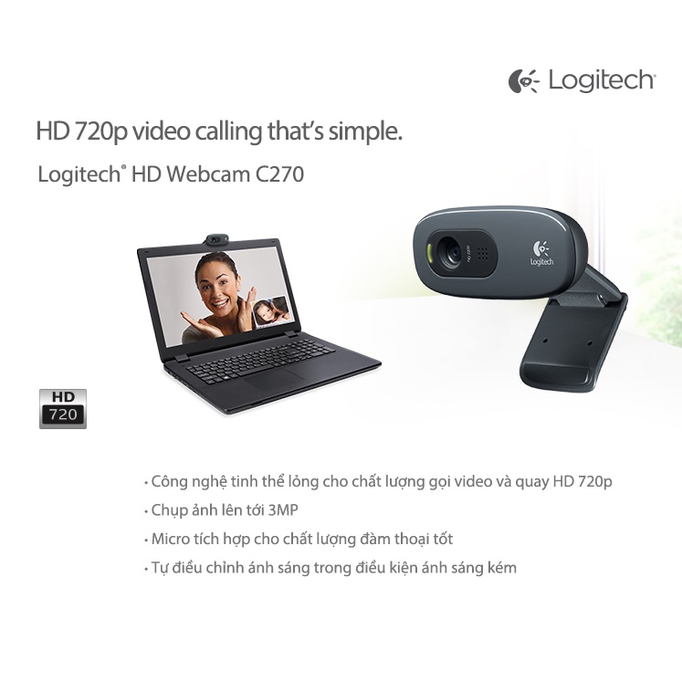 Webcam Logitech C270 HD 720P - Hàng Chính Hãng