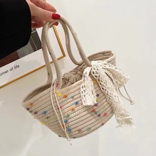 Túi xách nữ Công suất lớn Sợi dây cotton Túi dệt Thời trang Ren nơ Ly hợp đi biển Túi đi biển