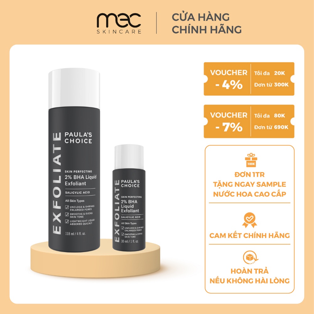 Tẩy da chết hóa học Paula's Choice Skin Perfecting 2% BHA Liquid Exfoliant Travel 30ml Thu nhỏ lỗ chân lông