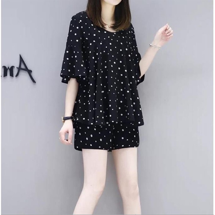 Sét Bộ Chấm Bi Tay Sóng Quần Short Siêu Xinh