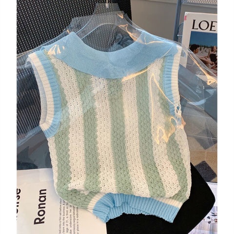 Áo Thun Polo Không Tay Họa Tiết Kẻ Sọc Màu Sắc Tương Phản Thời Trang Mùa Hè Mới Cho Nữ