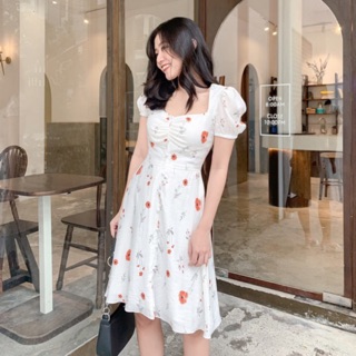 Đầm ROSY - Đầm midi cúc trắng nhún ngực