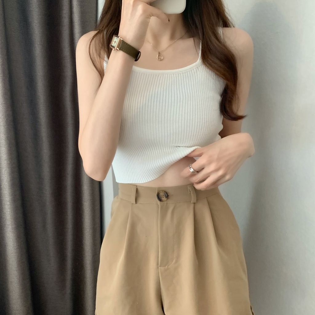 Áo croptop nữ len tăm ba lỗ Cổ chữ U Áo dây kiểu croptop 3 lỗ