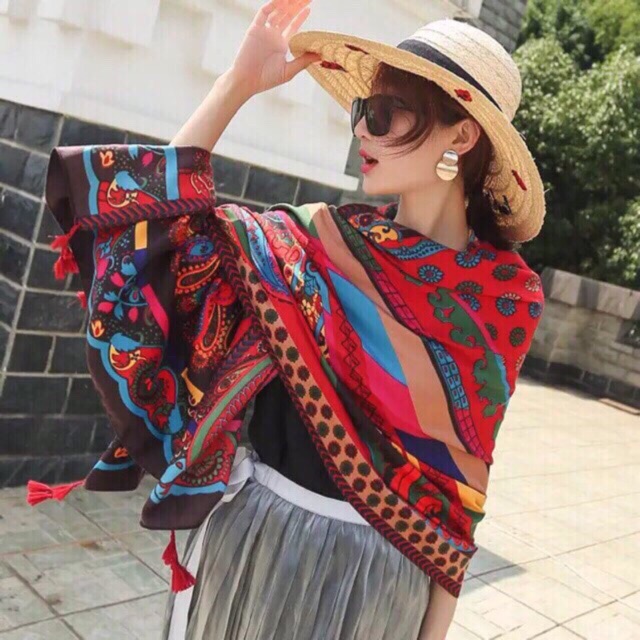 [HÀNG LOẠI 1]_Khăn Choàng Cổ Boho Vintage Cao Cấp Hoạ Tiết Đỏ Công