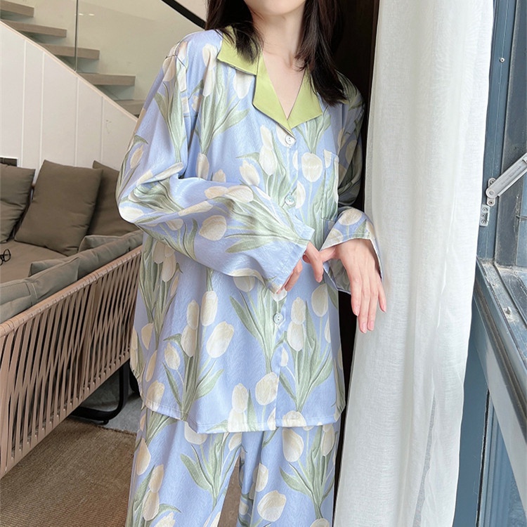 Bộ Đồ Ngủ Tay Dài Bằng Lụa Lạnh In Hình Hoa Tulip Phong Cách Mới 2022