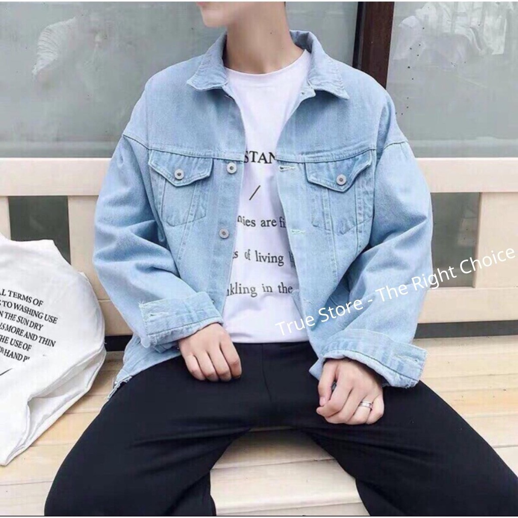Áo khoác bò nam nữ Xanh trơn - Đen trơn có túi trong, áo khoác jean unisex không rách phong cách Hàn Quốc, True Store VN