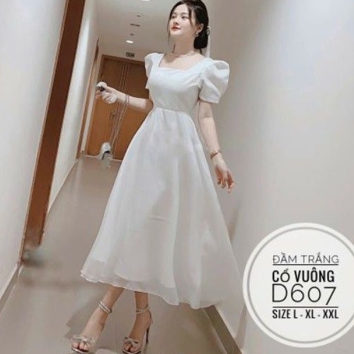 Đầm big size xòe cổ vuông nơ lưng kèm kẹp voan từ 60kg-90kg