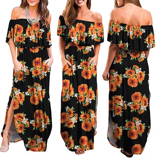 Đầm maxi xẻ tà hở vai phồng dành cho nữ