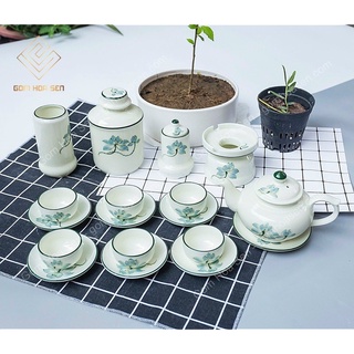 Bộ ấm trà, gốm sứ Bát tràng set ấm chén pha trà hàng cao cấp vẽ tay hoa đào hoa sen