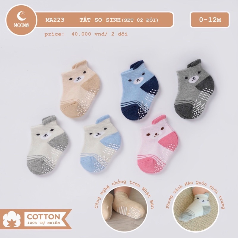 Set 2 đôi Tất/vớ lưới/cotton sơ sinh chống trơn trượt cho bé trai/bé gái size 0-12m và 1-3y