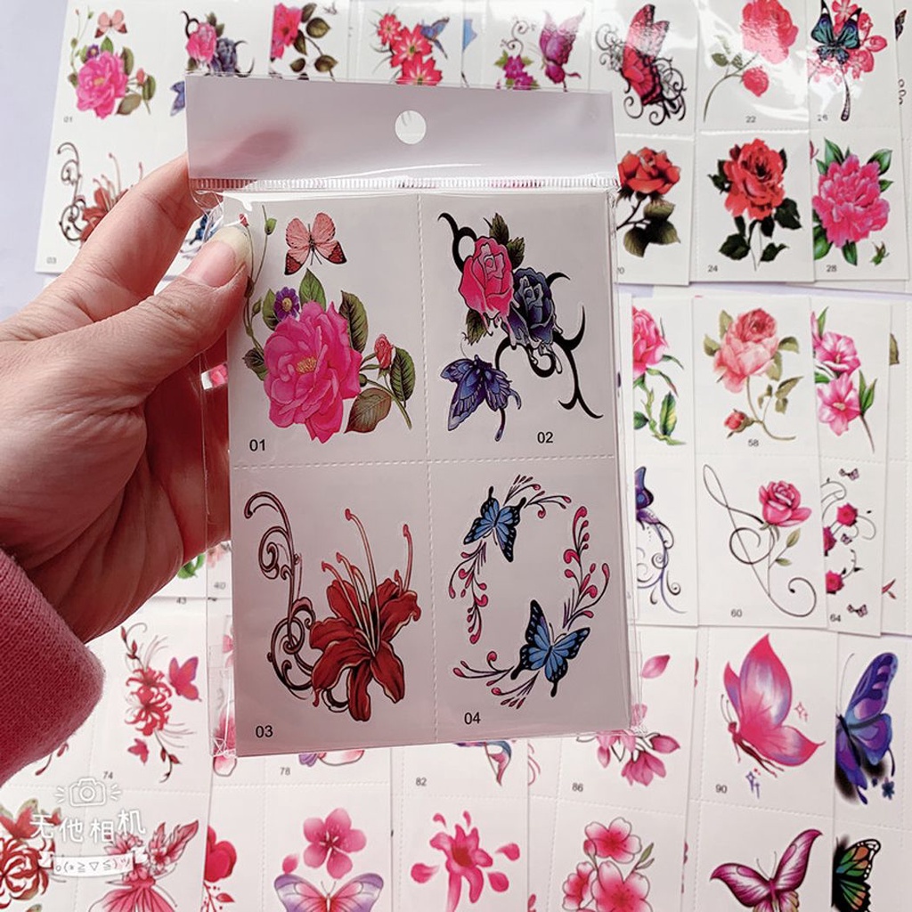 Bộ 100 miếng dán xăm tạm thời hình hoa bướm chống thấm nước nhiều màu sắc