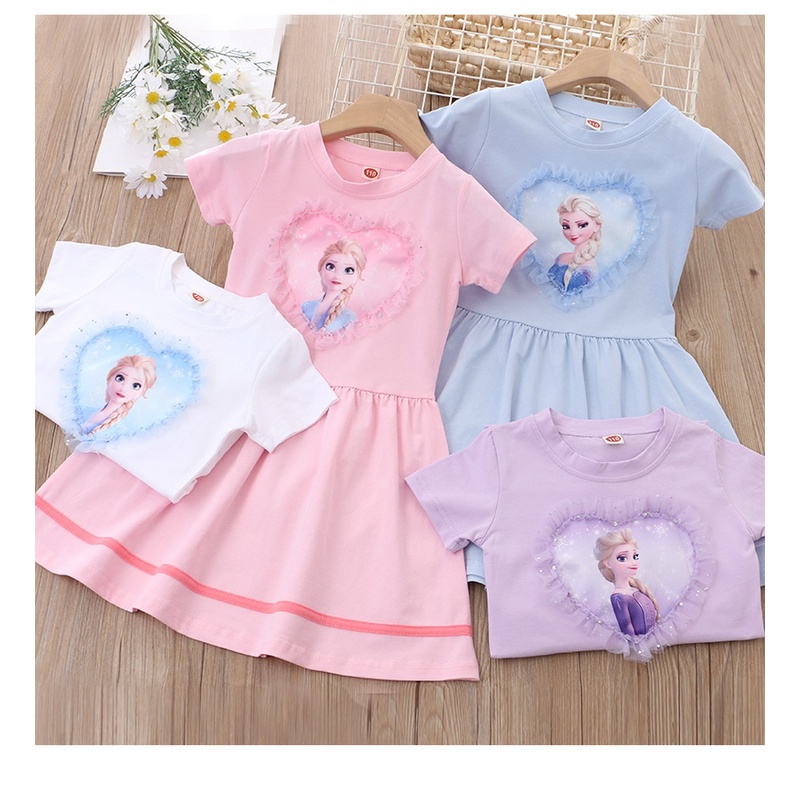 Váy ngắn tay chất cotton in hình công chúa Elsa lấp lánh cho bé gái