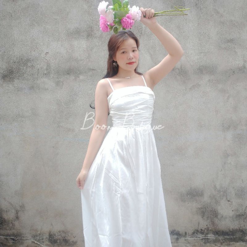 VÁY MIDI 2 DÂY TRẮNG XẾP LY NGỰC  B.O.O.M