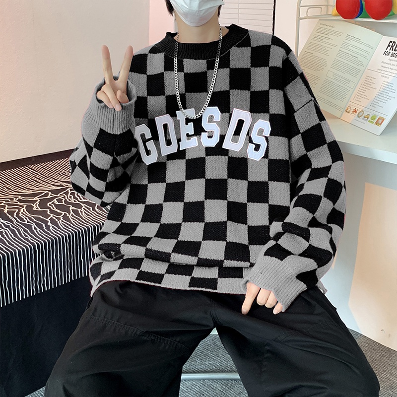 Áo sweater dệt kim dáng rộng in họa tiết bàn cờ thời trang đường phố Mỹ cổ điển giản dị cho nam