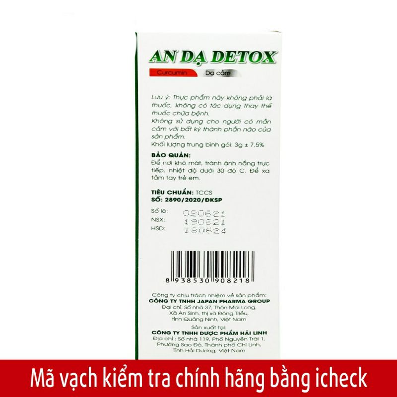 AN DẠ DETOX - CURCUMIN - DẠ CẦM - Hỗ trợ giảm acid dịch vị ,viêm loét dạ dày tá tràng - Hộp 20 gói