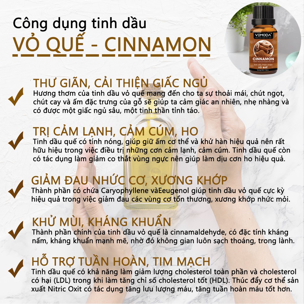 Tinh dầu xông phòng Vemoda cao cấp gồm: tinh dầu Sả chanh (10ml) + tinh dầu Vỏ quế (10ml) + tinh dầu