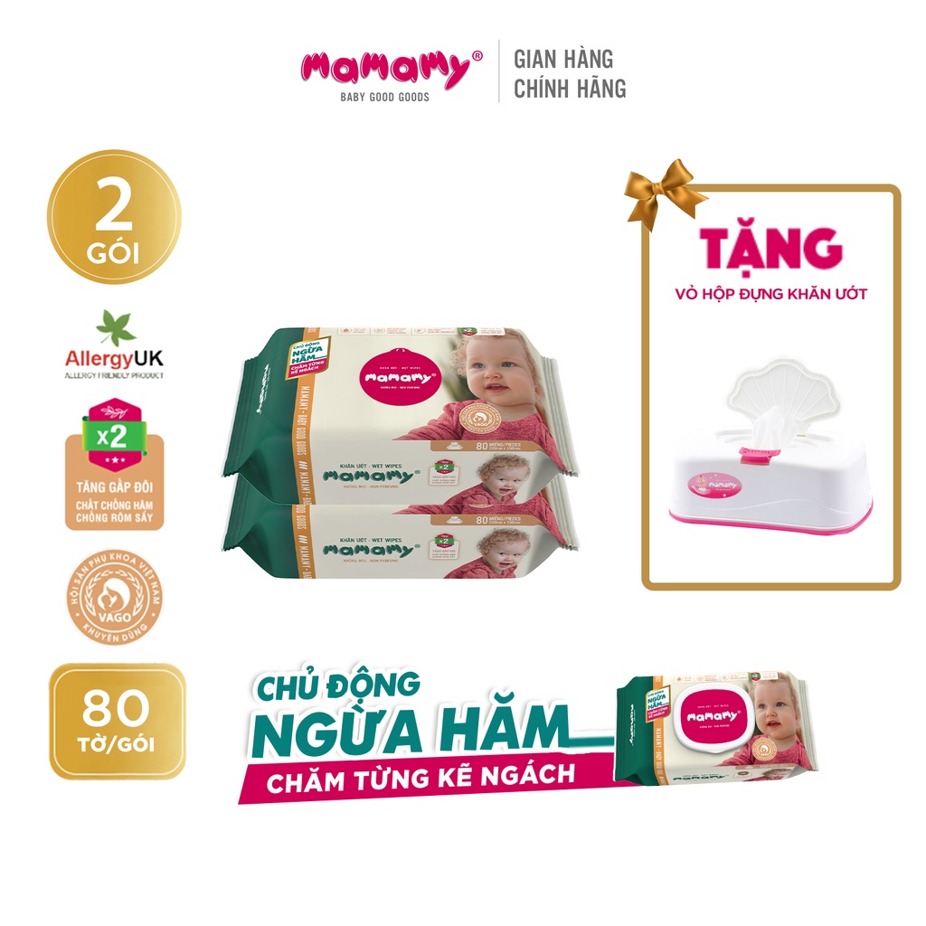 Combo 2 gói khăn ướt chống hăm, kháng khuẩn Mamamy 80 tờ/gói không nắp Mamamy TẶNG 1 Vỏ hộp đựng khăn ướt