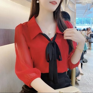 Áo Sơ Mi Chiffon Tay Lửng Thắt Nơ Thời Trang Hàn Quốc Dễ Phối Đồ Cho Nữ