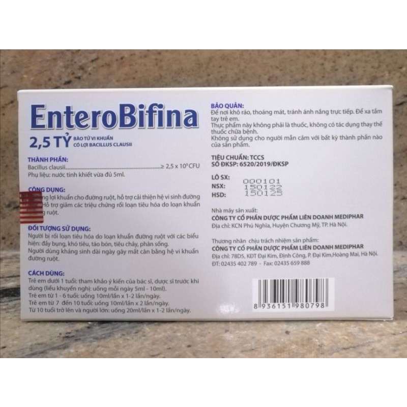 Men vi sinh enterobifina dạng nước, giúp cân bằng hệ tiêu hóa.