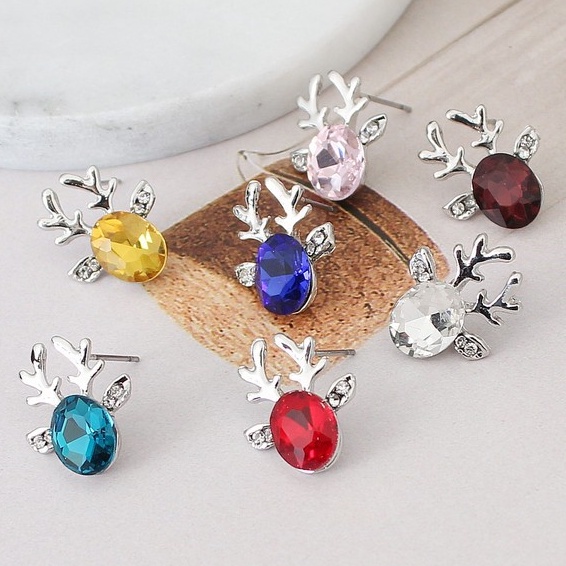 Khuyên tai BAMOER hình nụ bằng hợp kim hình nai sừng tấm đính đá dành cho dịp Giáng Sinh