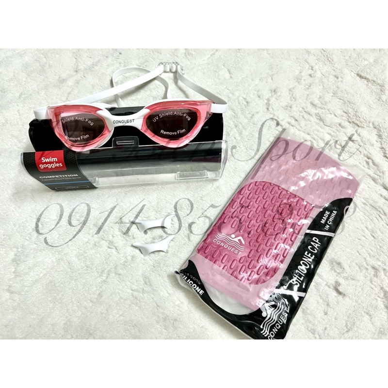 Combo kính bơi cực ôm mắt Conquest BL1206 + nón/mũ bơi Conquest gai siêu co giãn