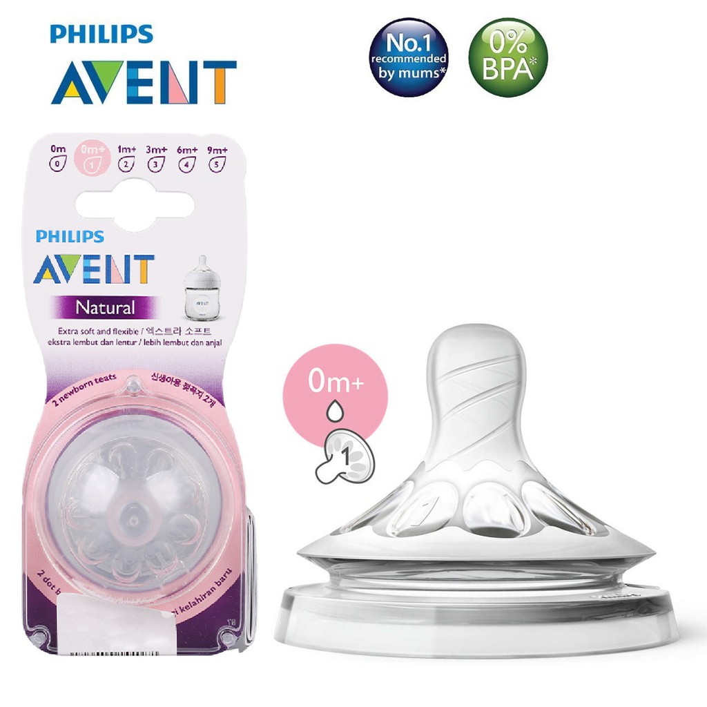 Núm ti silicone Philips Avent Natural cho trẻ sơ sinh (Vỉ 2 núm)