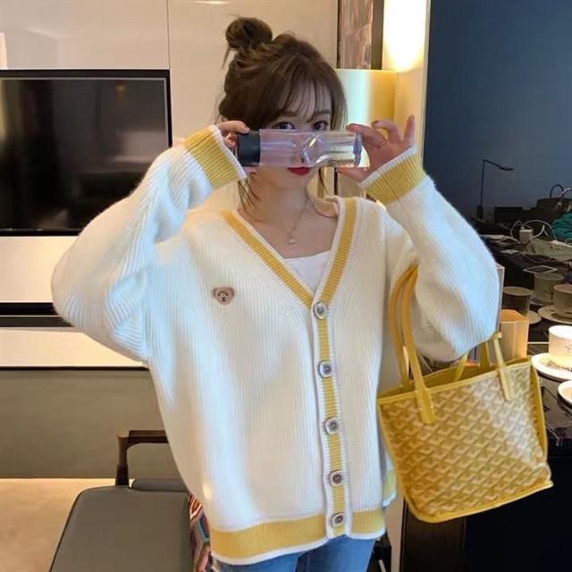Áo Khoác Lông Female Student New Yellow V-Neck Sweater Korean Loose Cardigan Coat Short Top