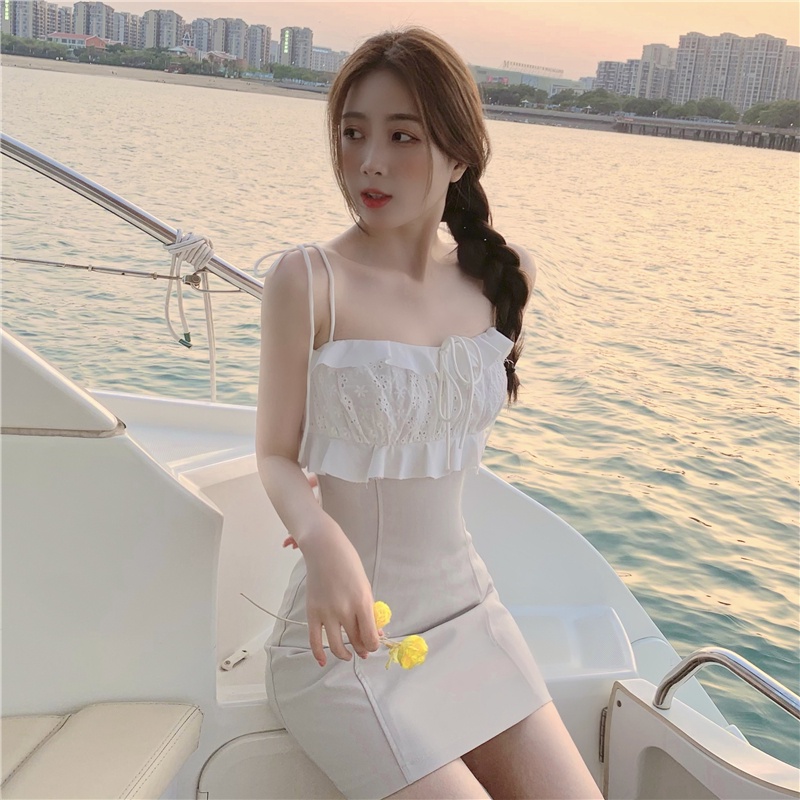 Đầm hai dây dáng chữ A màu sắc tương phản thêu họa tiết thời trang cho nữ