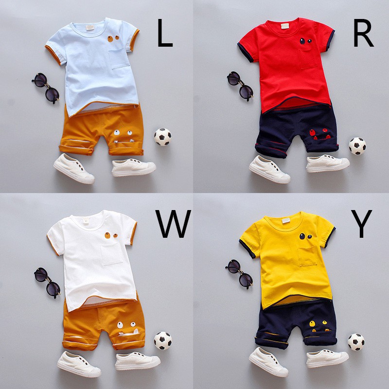 Set áo sơ mi ngắn tay có túi + quần short đáng yêu cho bé trai