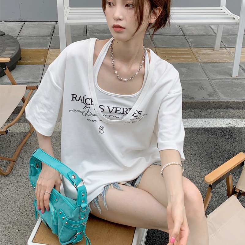 Bộ Áo Thun Ngắn Tay Cổ Yếm In Họa Tiết + Quần short Ống Rộng Thời Trang Mùa Hè Dành Cho Nữ