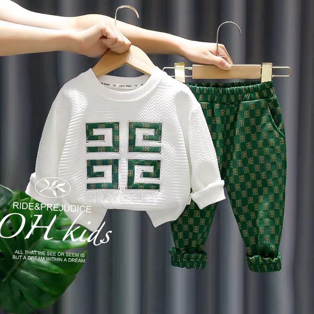 Quần áo thu đông bé trai, set bộ quần áo xốp hàn thêu GIVNECHY kèm quần umi cao cấp cho bé