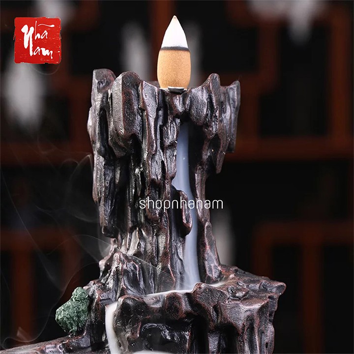Thác khói trầm hương tiểu cảnh - Tháp khói chảy ngược cao cấp hình non bộ tặng 3 nụ trầm