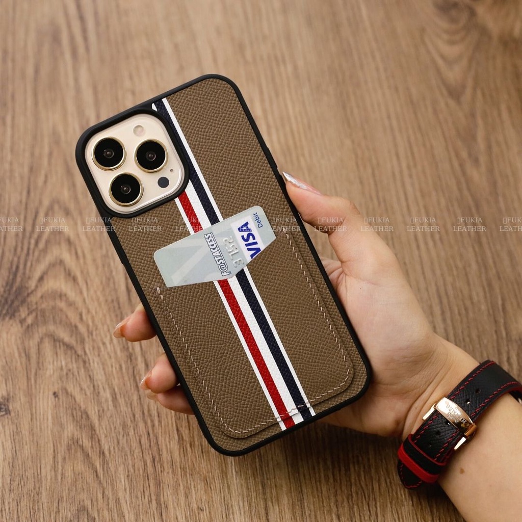 Ốp da thủ công viền đen Epsom khe thẻ TB cho IPhone 14/14Plus/14Pro/14Promax/13/13Pro/13Promax/12/12Pro/12Promax ODTC113