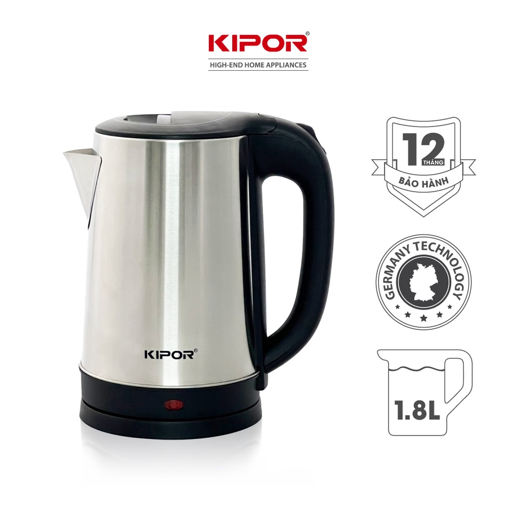 [Mã BMBAU50 giảm 10% đơn 99k] Ấm siêu tốc KIPOR KP-A318SA - 1.8L - Vỏ inox304, đế xoay 360 độ, Bảo hành tại nhà 12 tháng