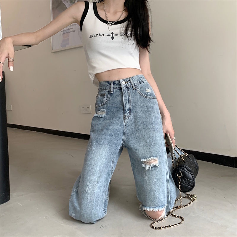 COZOK Quần Jean Ống Rộng Lưng Cao Phối Rách Cá Tính Trẻ Trung