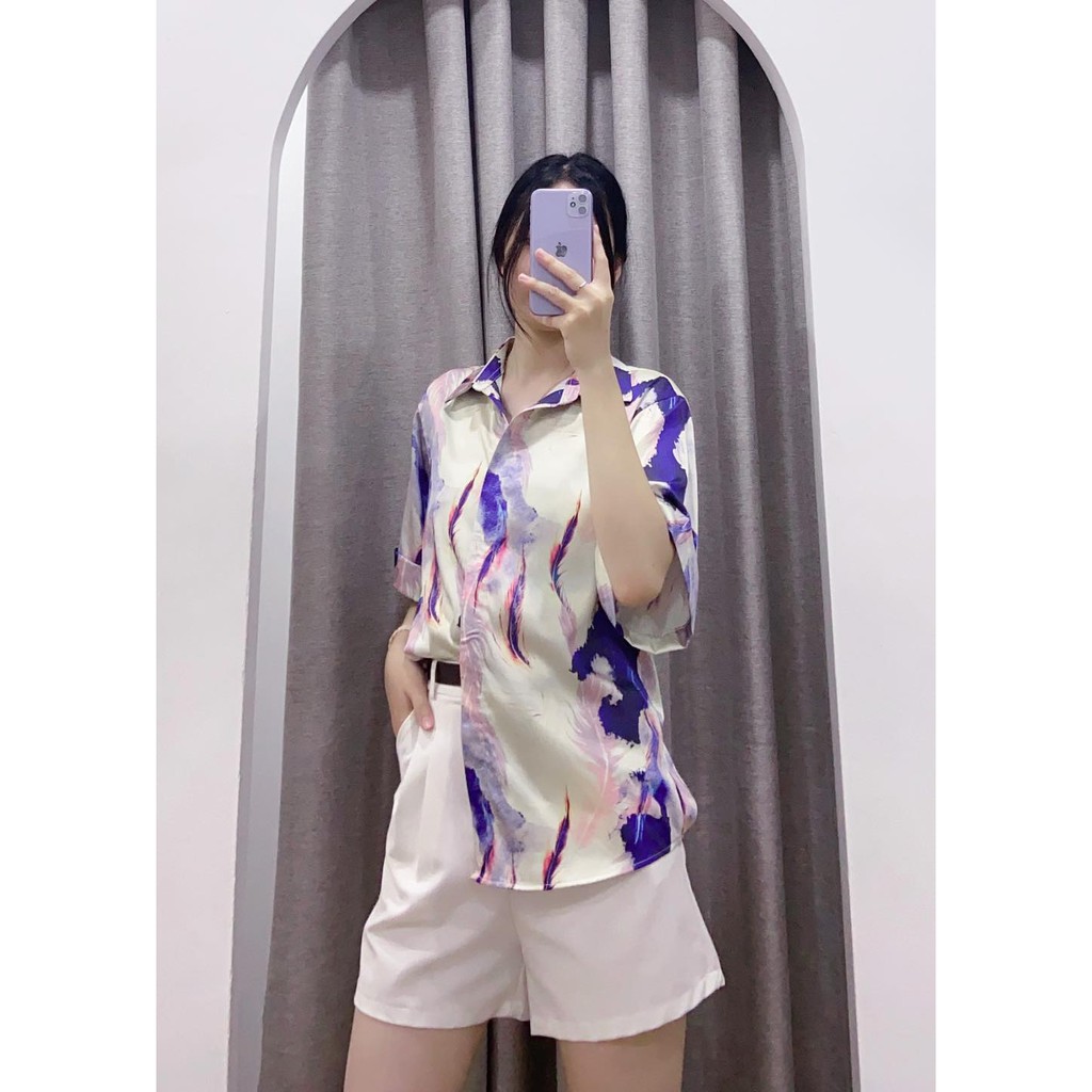 Áo Sơ Mi Tay Ngắn Họa Tiết Nữ Form Rộng - Chất Liệu Sơ Mi Lụa Cao Cấp Không Nhăn