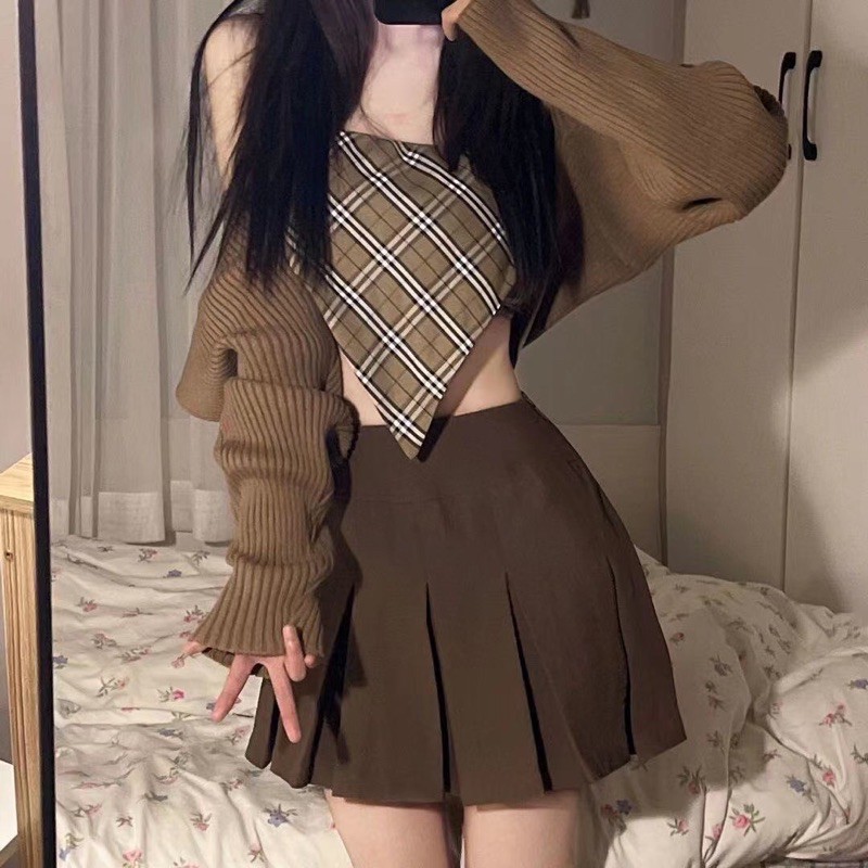 Set Áo Quây + Váy Ulzzang Nâu S2 Thời Trang Nữ 2021