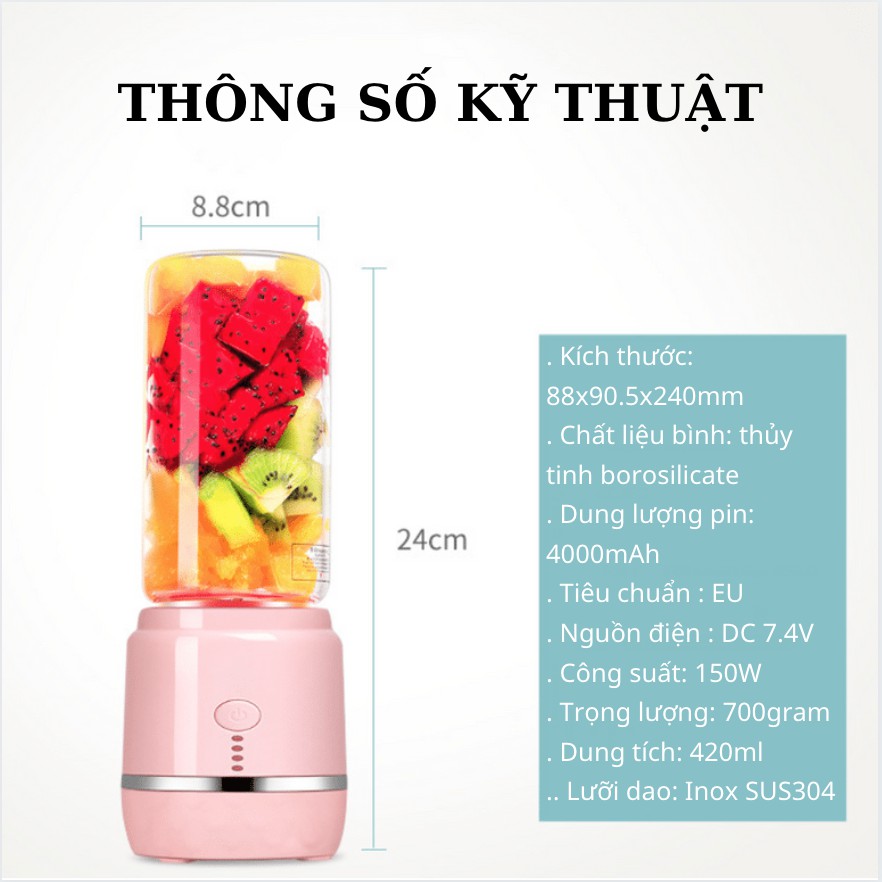 Máy Xay Sinh Tố Cầm Tay Mini Thủy Tinh 6 Lưỡi Inox SUS304 Xay Được Đá Nhỏ [KÈM 6 PHỤ KIỆN TẶNG KÈM]