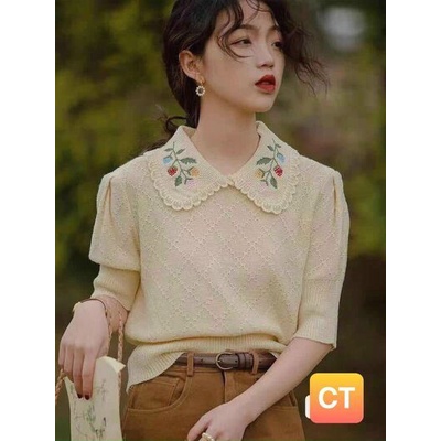 Áo montoghi cộc cổ sen thêu hoa QC
