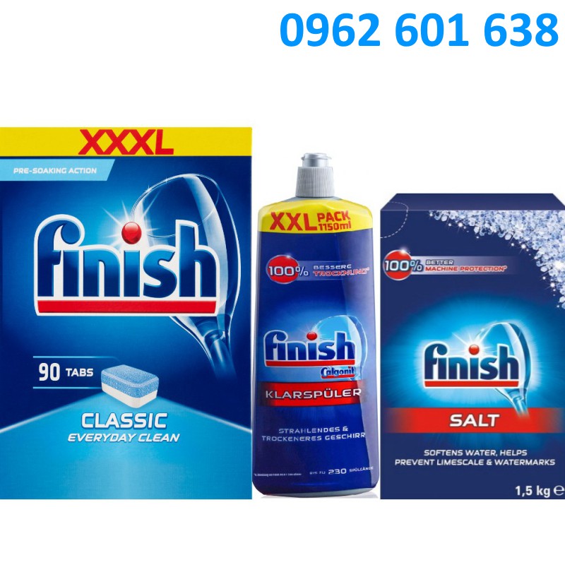 Combo Viên rửa chén Finish 90 tabs + Muối rửa chén Finish 1.5kg + 1150ml Nước bóng finish