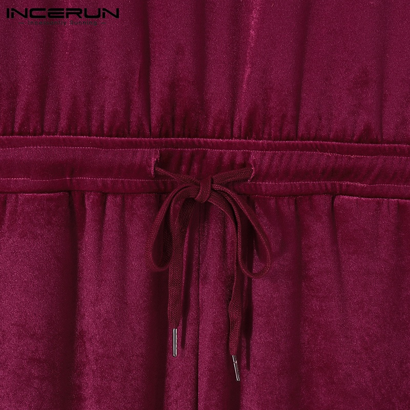 Bộ áo liền quần INCERUN vải nhung cổ tròn ngắn tay dáng rộng thời trang mùa hè dành cho nam 2 màu sắc lựa chọn