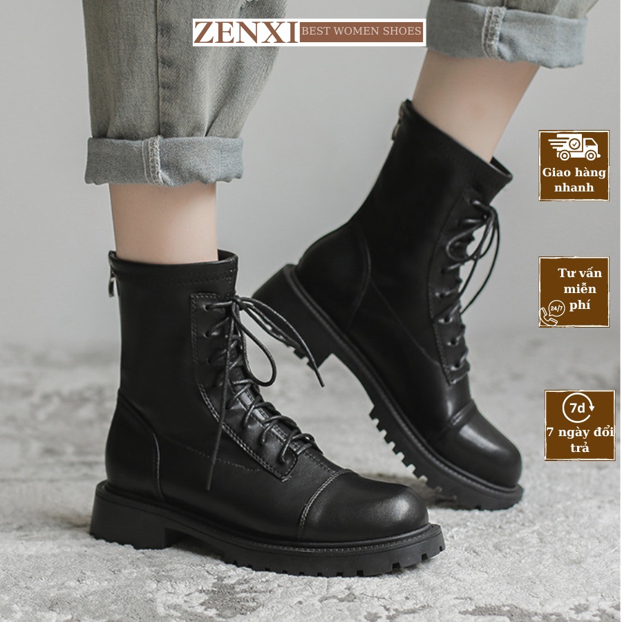 Bôt cao cổ bốt nữ boot nữ cổ cao ZENXISTORE đế bệt dây đan có khóa sau da mềm cao cấp