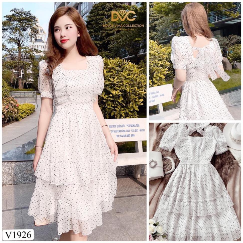 Váy xòe chấm bi bèo ngực V1926 - Đẹp Shop DVC (Kèm ảnh thật trải sàn do shop tự chụp) đại lí chính hãng