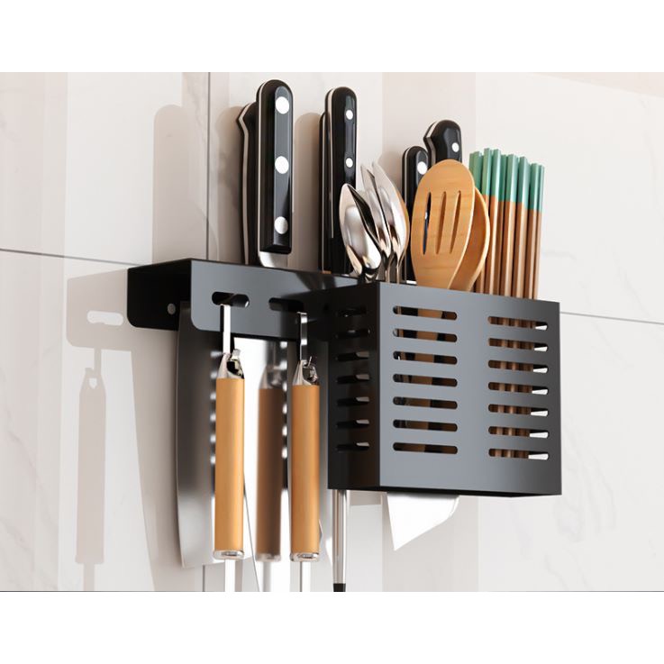 Kệ để dao, thớt có thêm ống treo để đũa thìa inox sơn tĩnh điện, dán tường không cần khoan vít - CHÍNH HÃNG