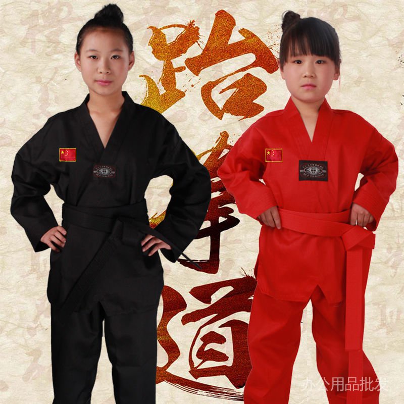 Bộ đồng phục tập võ taekwondo tay dài màu đỏ đen cho người lớn và trẻ em